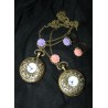 COLGANTE VINTAGE RELOJ-FILIGRANA BRONCE-CRISANTEMO ROSA EMPOLVADO