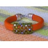 PULSERA CUERO REGALIZ NARANJA-BOLAS FACETADAS VERDES